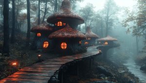 Fairy House Village Mobile Wallpaper - Fantasy Forest Desktop Background
