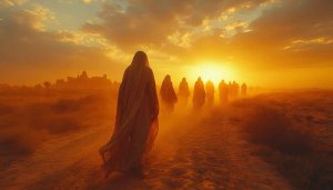 Arbaeen Pilgrims Walking Mobile Background - Golden Desert Sunset Wallpaper