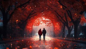 Couple Walking Red Autumn Path 4K Desktop Wallpaper Free