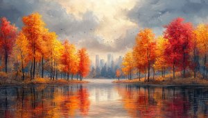 Autumn Cityscape Painting Aesthetic 4K Desktop Background Free Wallpaper