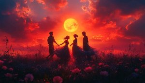 Romantic Sunset Field Couples Silhouette Wallpaper 4K Desktop Background