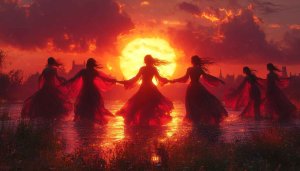 Crimson Sunset Celebration Wallpaper: Fantasy Women's Circle 4K Desktop Background