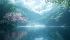 Serene Lake Blossom Tree 4K Desktop Background Landscape Wallpaper