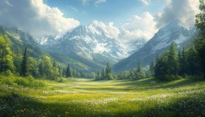 Snowy Mountains and Meadow Free 4K Desktop Wallpaper Background