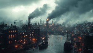 Gritty Steampunk Cityscape Mobile Background, Industrial Revolution City Wallpaper