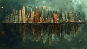 Dark Fantasy Cityscape 4K Desktop Background, Urban Reflection Wallpaper
