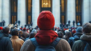 Crowd of People City Street Red Beanie Mobile Wallpaper