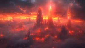 Fiery Cityscape 4K Wallpaper Glowing Fantasy City Background