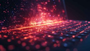 Red Technology Glowing Laptop 4K Desktop Wallpaper Cyberpunk Background