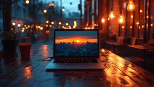 City Sunset on Laptop 4K Desktop Background Cafe Ambience