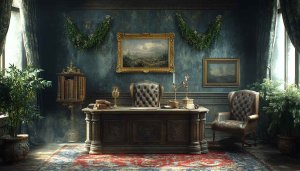 Luxury Office Room Decor Wallpaper, Antique Interior Design Background HD