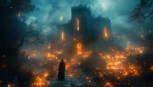 Mystical Castle Glowing Lights 4K Desktop Wallpaper Free Mobile Background