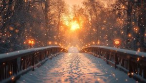 Winter Wonderland Bridge Sunset 4K Desktop Wallpaper, Free Mobile Background