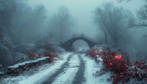 Winter Wonderland Snow Covered Bridge Road Mobile 4K Wallpaper