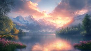 Peaceful Lake Mountain Sunset Scenery 4K Desktop Background Wallpaper
