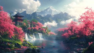 Japanese Sakura Blossom Waterfall Mountain Lake 4K Desktop Wallpaper