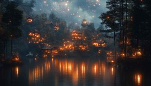 Lake House Cabins Night Stars Glow 4K Desktop Wallpaper