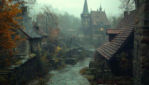 Foggy Medieval Village Mobile Wallpaper HD, Fantasy Town Background