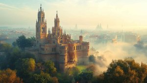 Majestic Castle Cityscape Morning Fog 4K Desktop Mobile Wallpaper