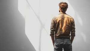 Back View Man Aesthetic Wallpaper, Neutral Color Palette Background