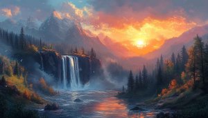 Majestic Waterfall Sunset Scenery 4K Desktop Wallpaper Background