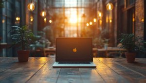 MacBook at Cafe 4K Wallpaper, Free Aesthetic Desktop Background