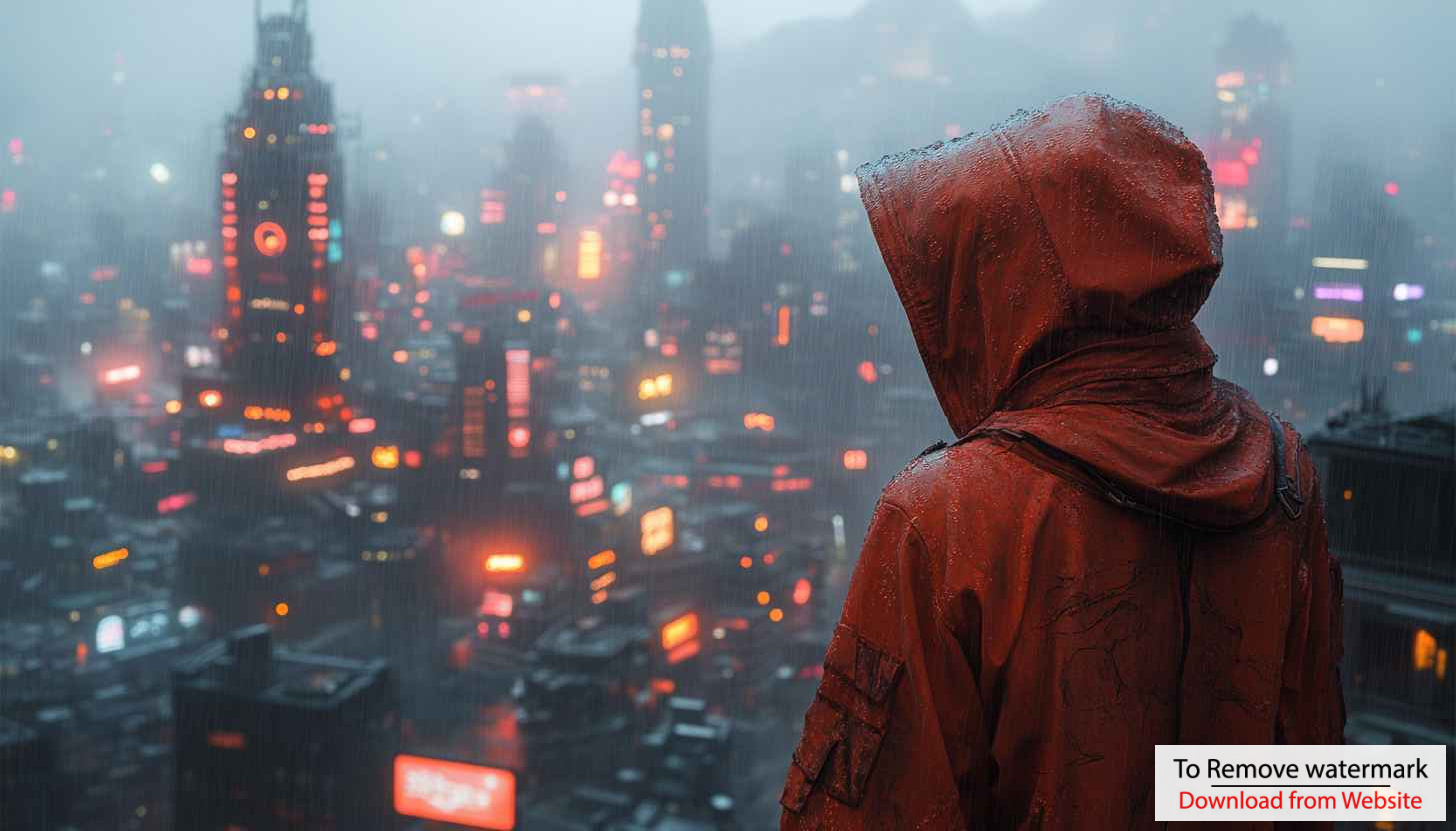 Cyberpunk City Wallpaper: Rainy Night, Future Cityscape, Hooded Figure Cyberpunk City Wallpaper: Rainy Night, Future Cityscape, Hooded Figure