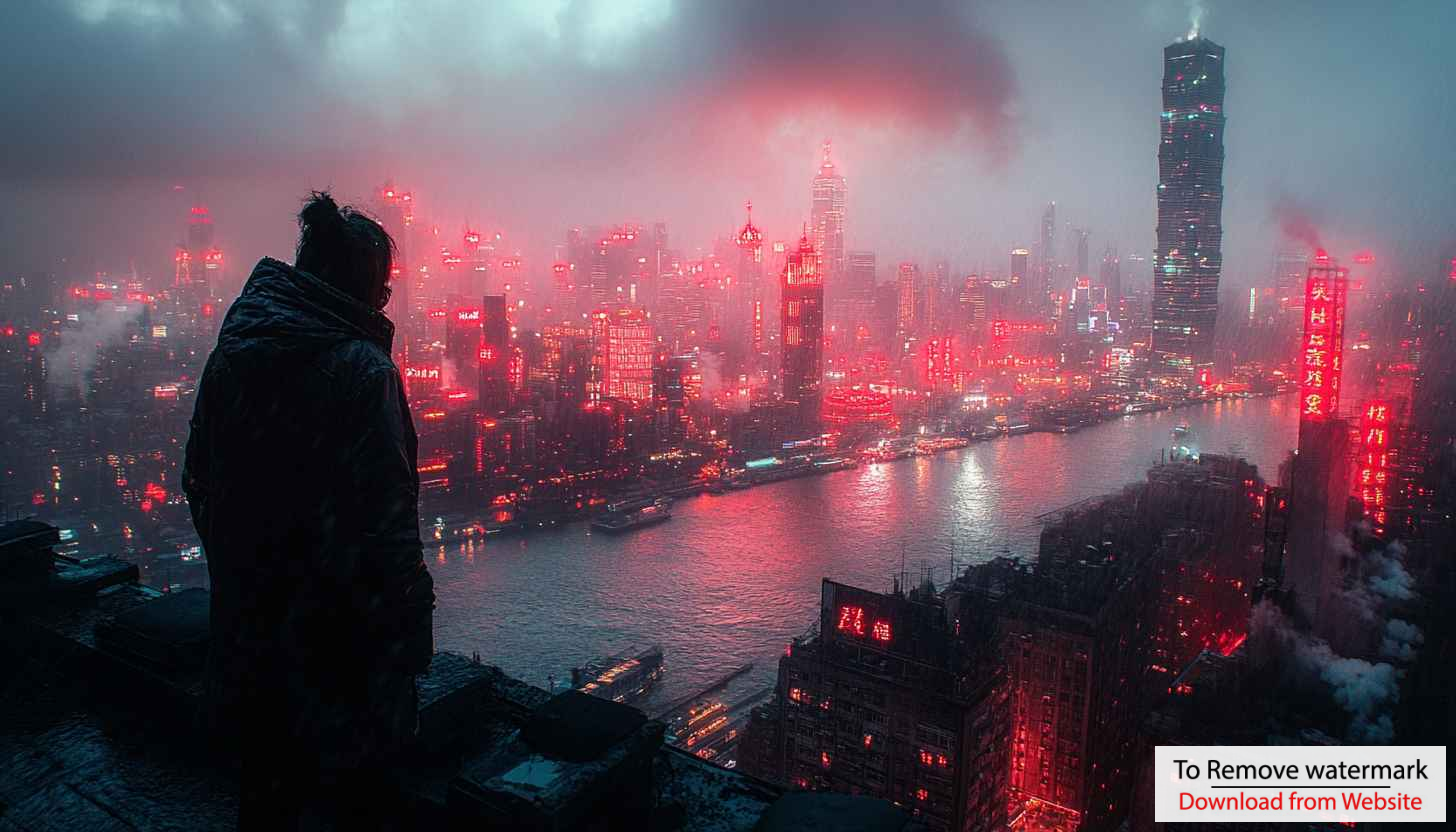 Cyberpunk City Wallpaper, Dystopian Future City, Red Neon Lights Cyberpunk City Wallpaper, Dystopian Future City, Red Neon Lights