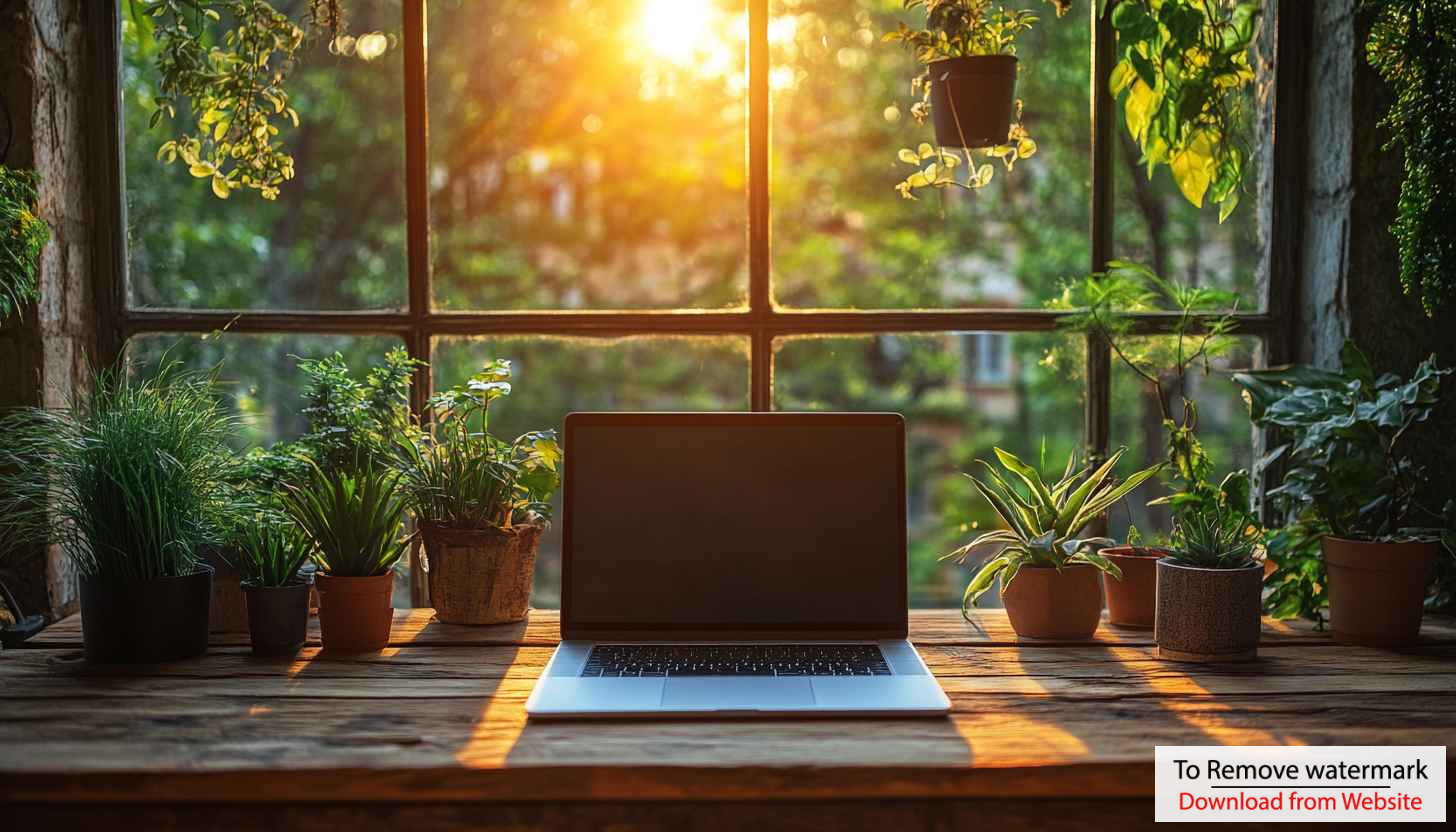 Laptop and Plants Wallpaper, Cozy Desk Setup Desktop Backgrounds