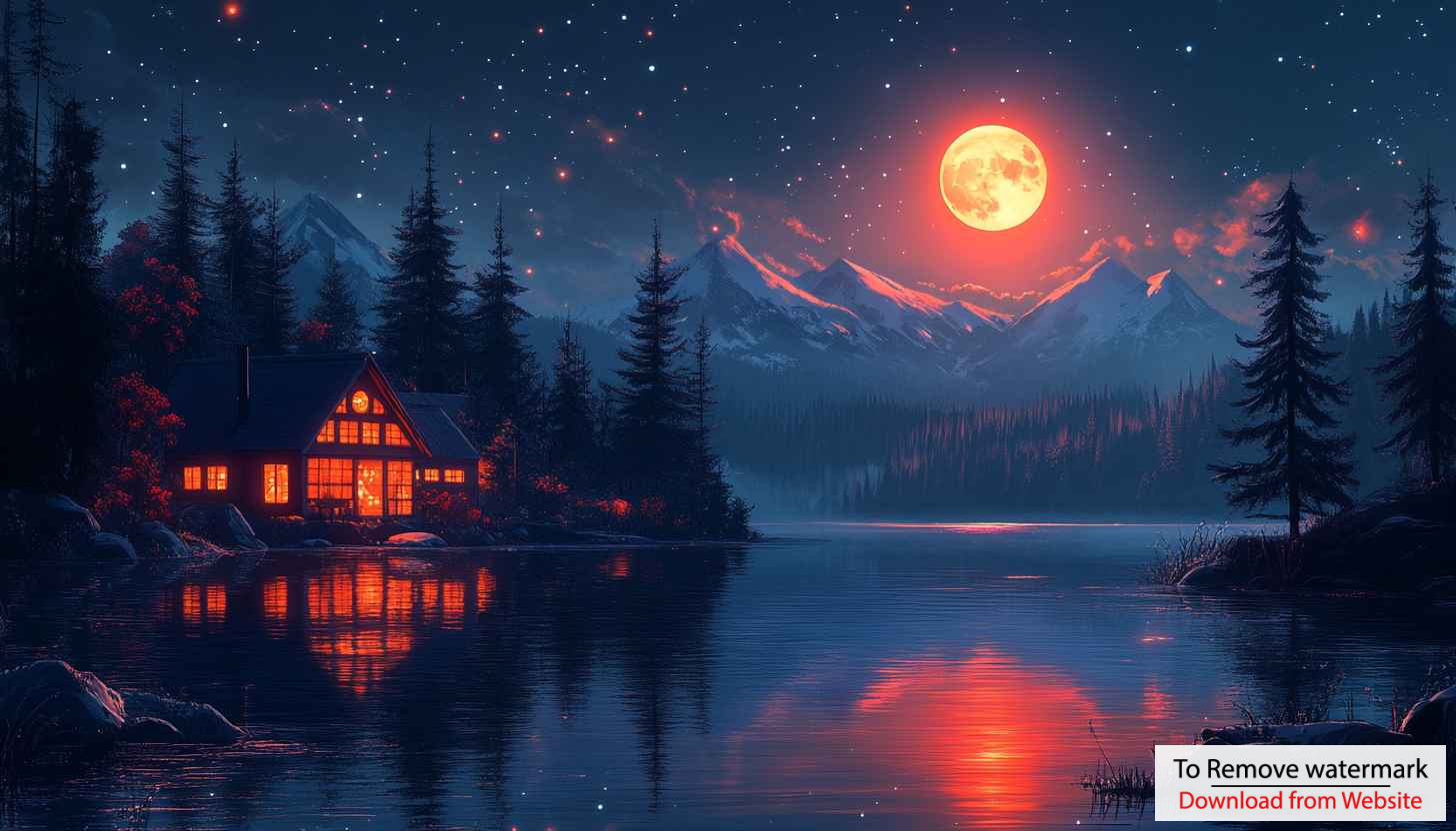 Night Cabin Wallpaper: Lake Reflection, Mountain Scenery, Starry Sky Night Cabin Wallpaper: Lake Reflection, Mountain Scenery, Starry Sky