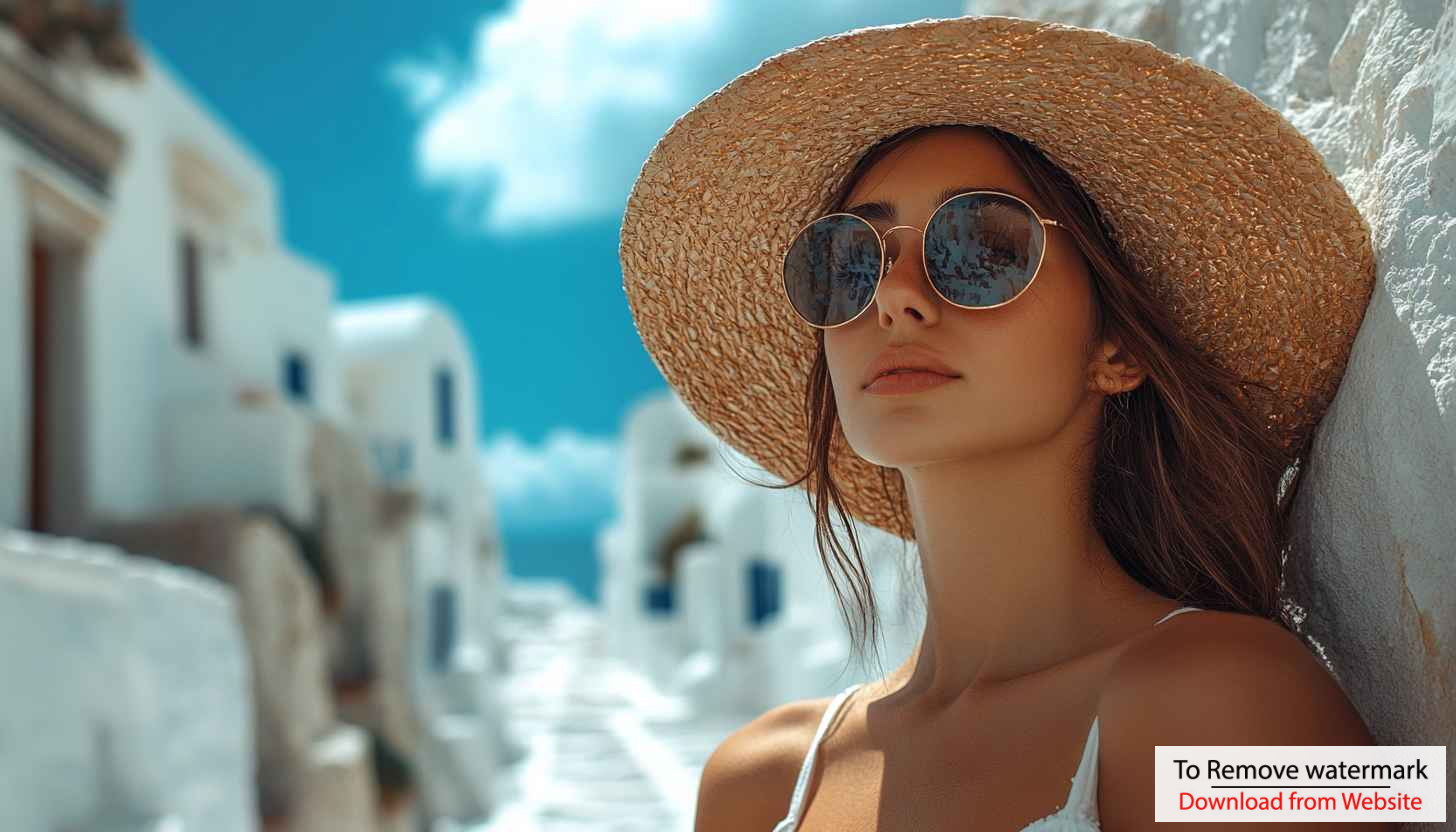 Summer Girl Wallpaper: Greece, Woman, Hat, Sunglasses, Vacation Summer Girl Wallpaper: Greece, Woman, Hat, Sunglasses, Vacation