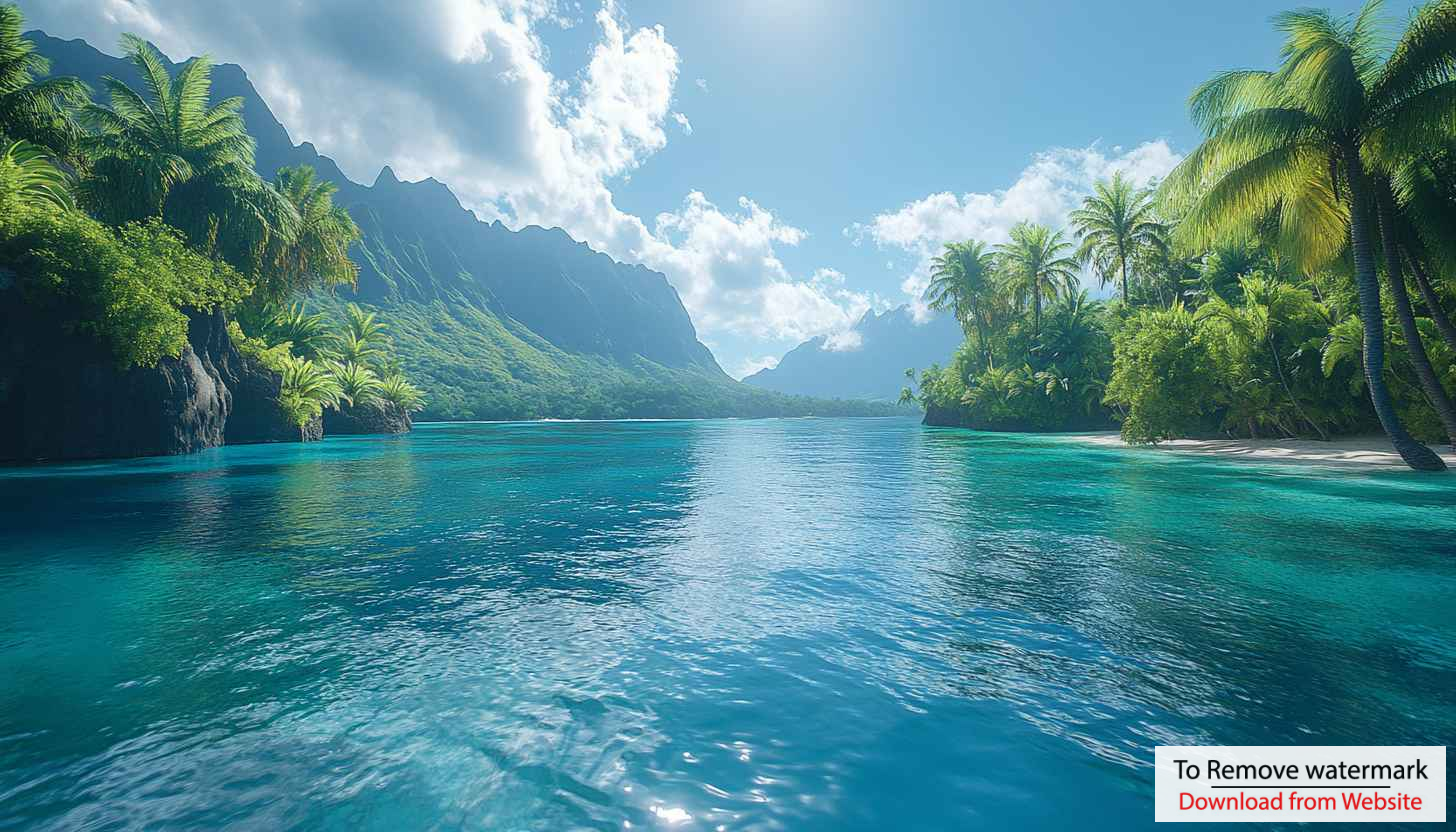 Tropical Island Wallpaper: Ocean, Palm Trees, Mountain Scenery, 4K Tropical Island Wallpaper: Ocean, Palm Trees, Mountain Scenery, 4K