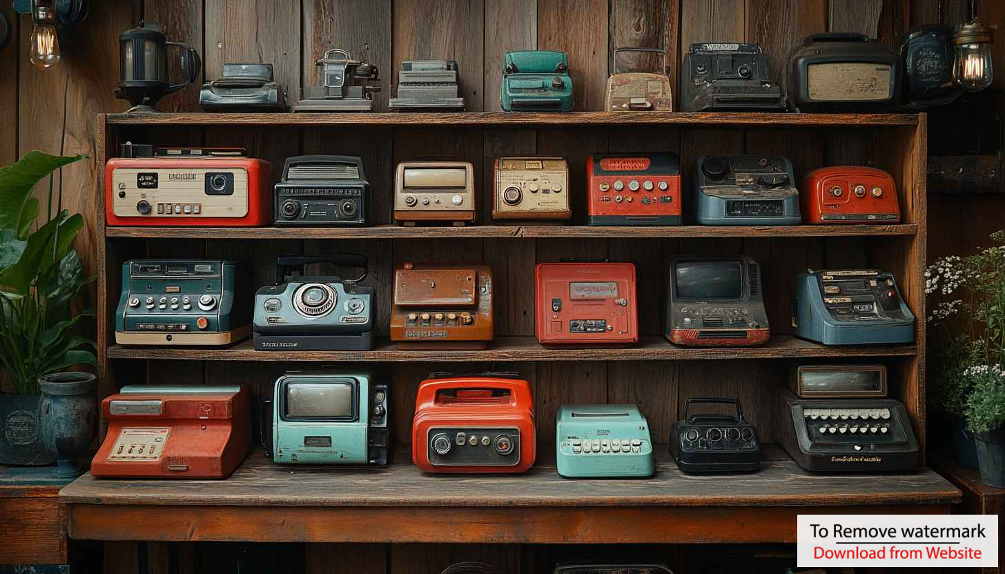 Vintage Electronics Wallpaper, Retro Tech Aesthetic, Gadget Display Vintage Electronics Wallpaper, Retro Tech Aesthetic, Gadget Display