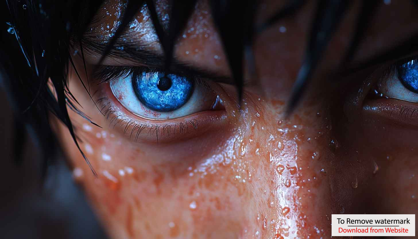 Detailed Blue Eye Wallpaper: Intense Gaze and Water Droplets Aesthetics