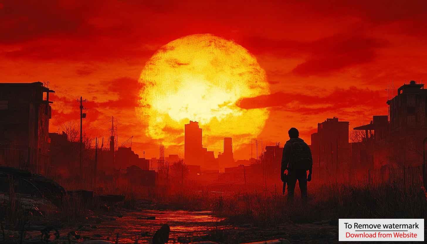 Post Apocalyptic Wallpaper: Survivor, Cityscape, Red Sky, 4K Post Apocalyptic Wallpaper: Survivor, Cityscape, Red Sky, 4K