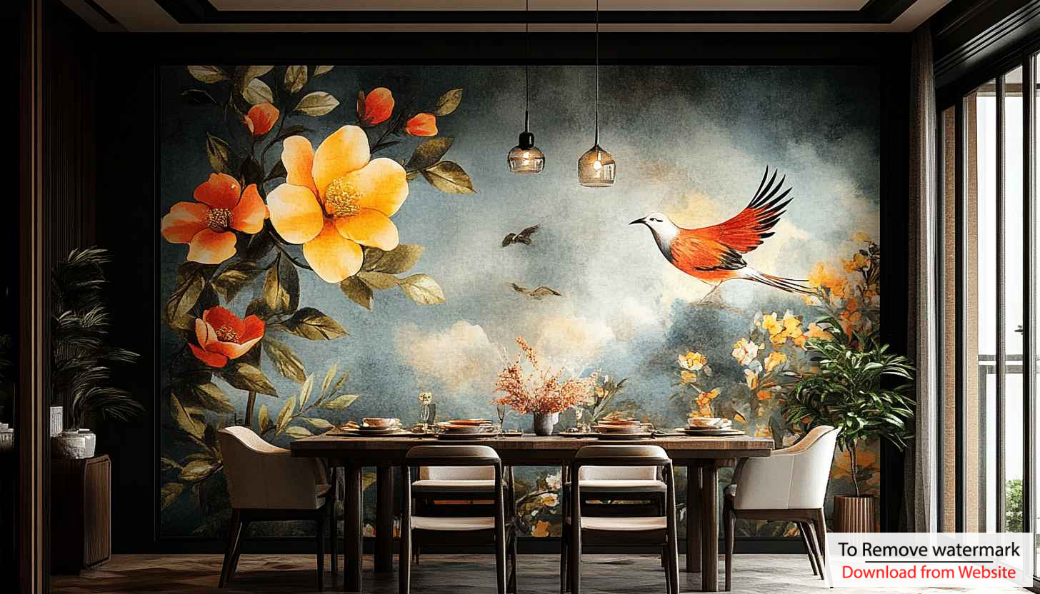 Bird and Floral Painting Wallpaper for Walls, Living Room Decor Bird and Floral Painting Wallpaper for Walls, Living Room Decor
