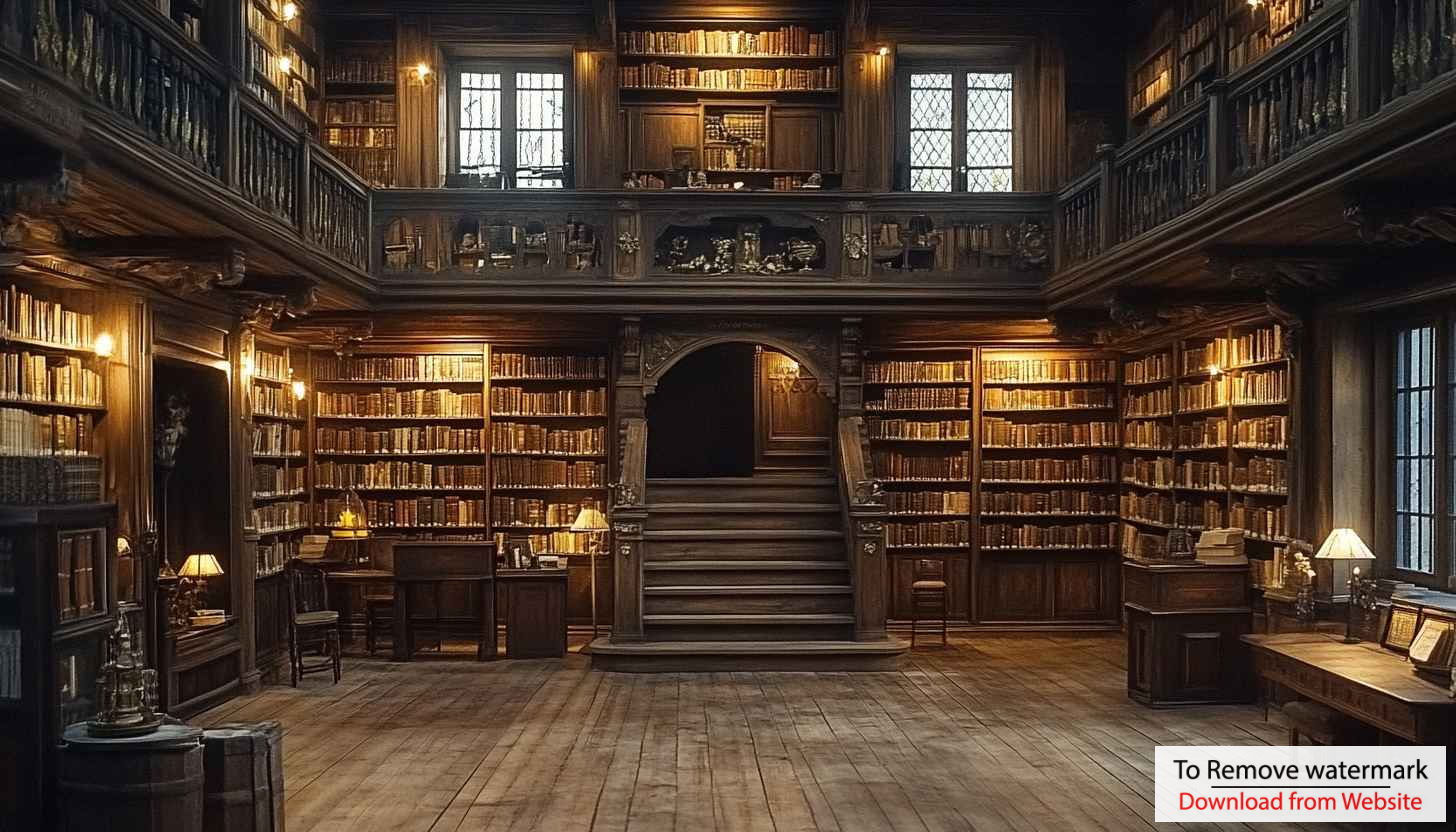 Library Wallpaper: Antique Bookshelves Interior, Home Library, Study Room Library Wallpaper: Antique Bookshelves Interior, Home Library, Study Room
