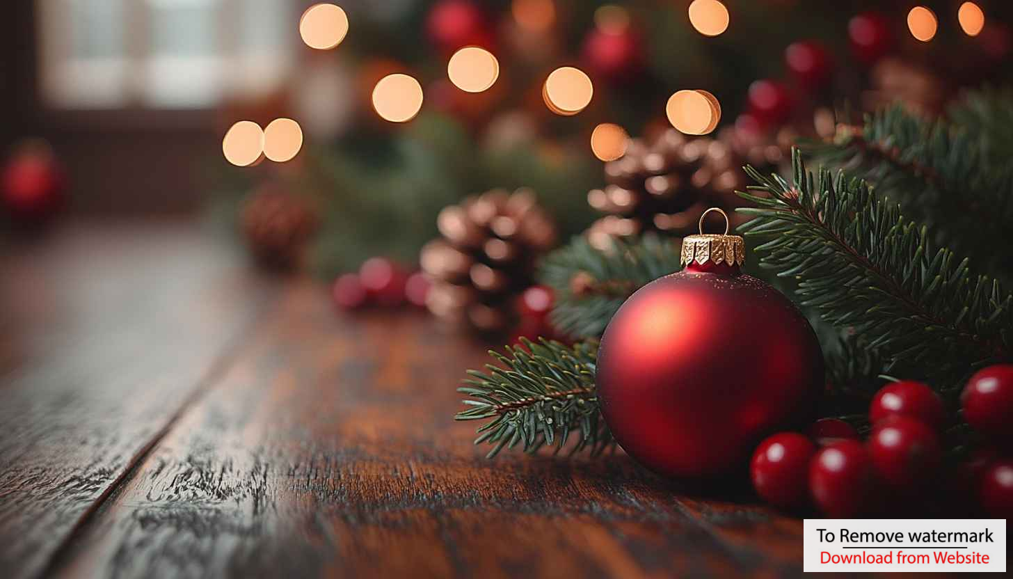 Christmas Wallpaper: Festive Red Ornament, Evergreen, Lights for Desktop