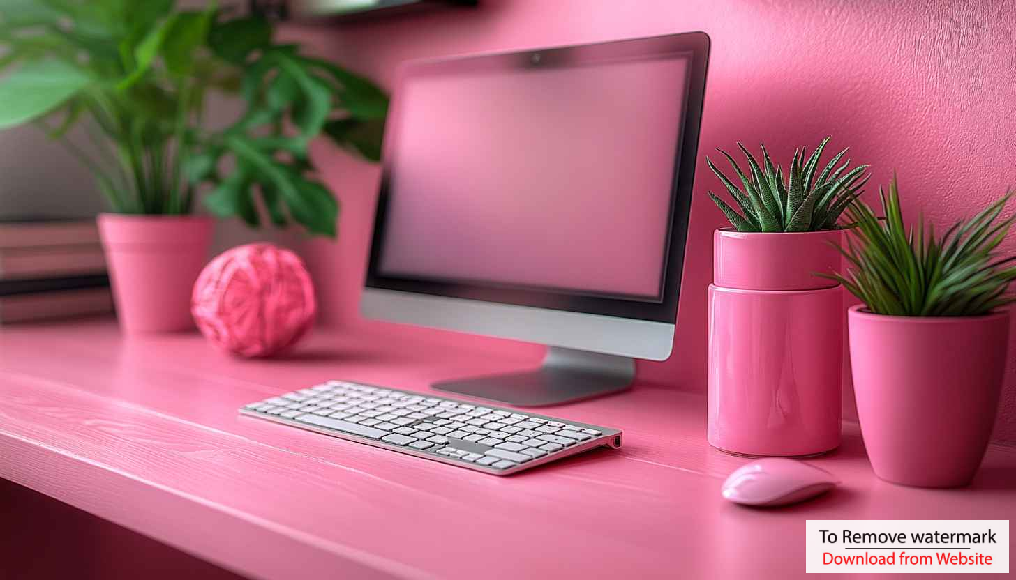 Pink Aesthetic Wallpaper: Desk Setup, Computer, Plants 4K Wallpaper