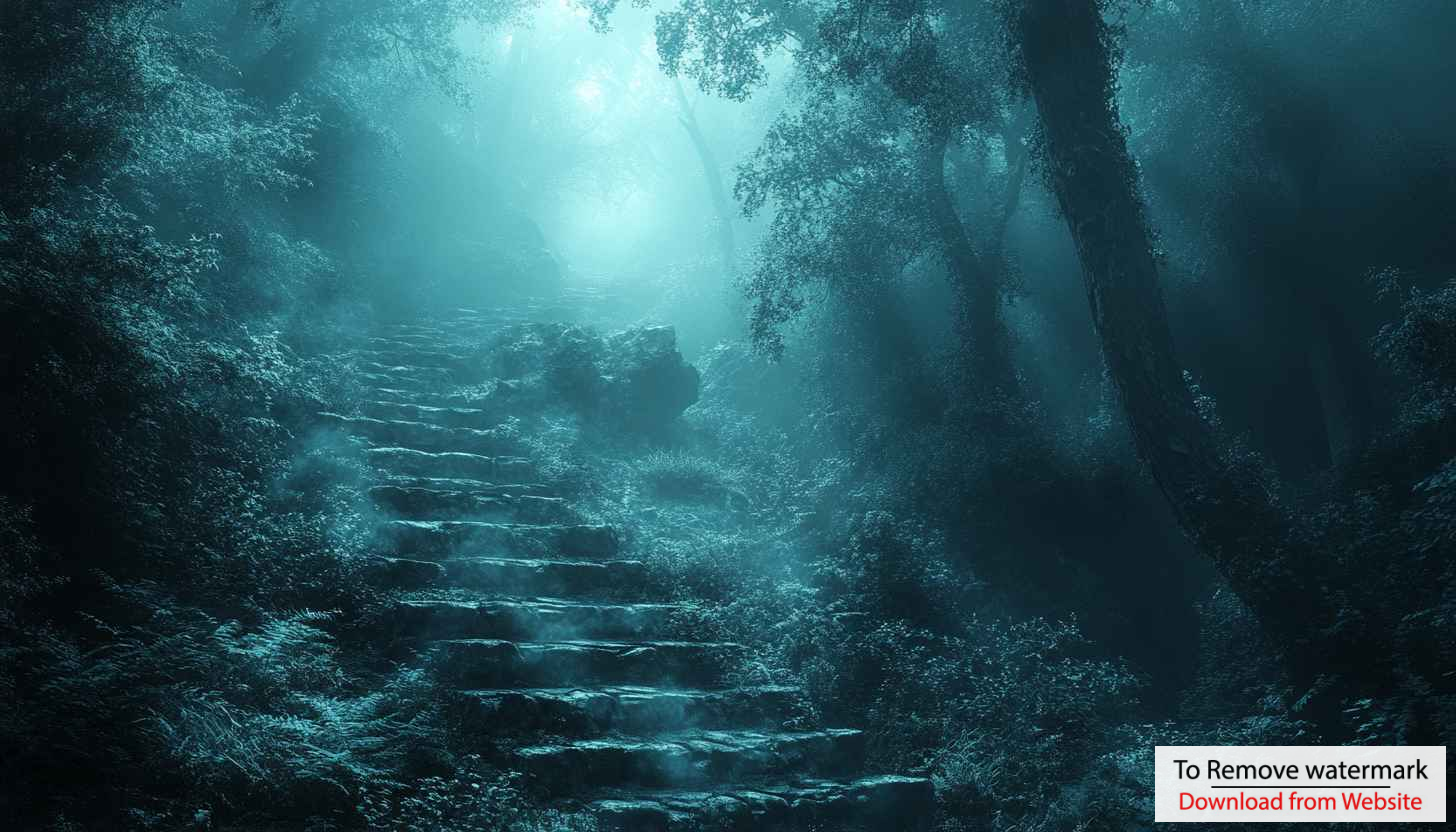 Mystical Forest Wallpaper: Foggy Stairway to Enchantment, Scenic Landscape Mystical Forest Wallpaper: Foggy Stairway to Enchantment, Scenic Landscape