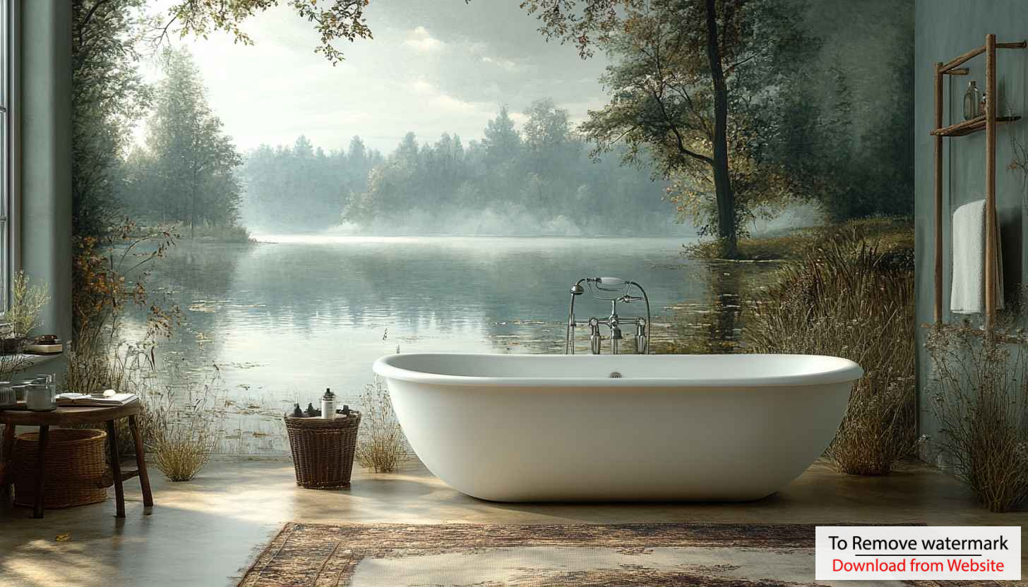 Lake View Bathroom Wallpaper, Relaxing Interior Decor, Serene Home Wallpaper Lake View Bathroom Wallpaper, Relaxing Interior Decor, Serene Home Wallpaper