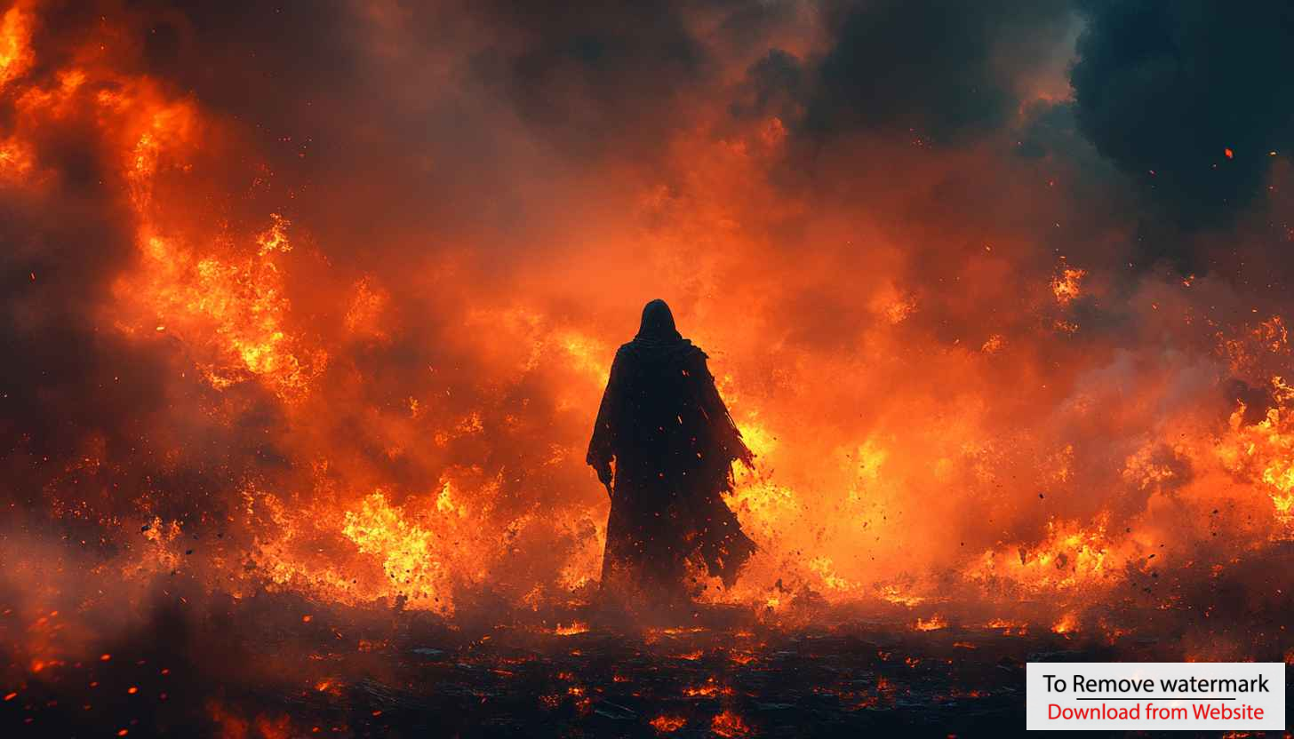 Inferno Fire Wallpaper: Dark Figure Amidst Flames 4K HD Inferno Fire Wallpaper: Dark Figure Amidst Flames 4K HD