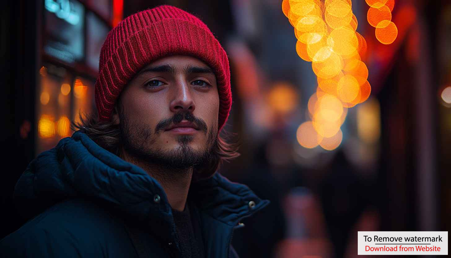 Beanie Man Wallpaper: Winter Fashion, Portrait & City Lights