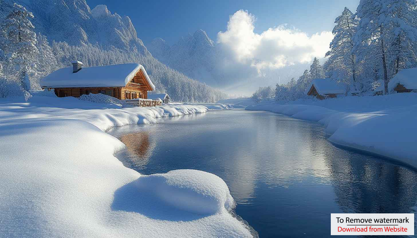 Winter Landscape Wallpaper: Snowy Cabin, River and Mountains Winter Landscape Wallpaper: Snowy Cabin, River and Mountains