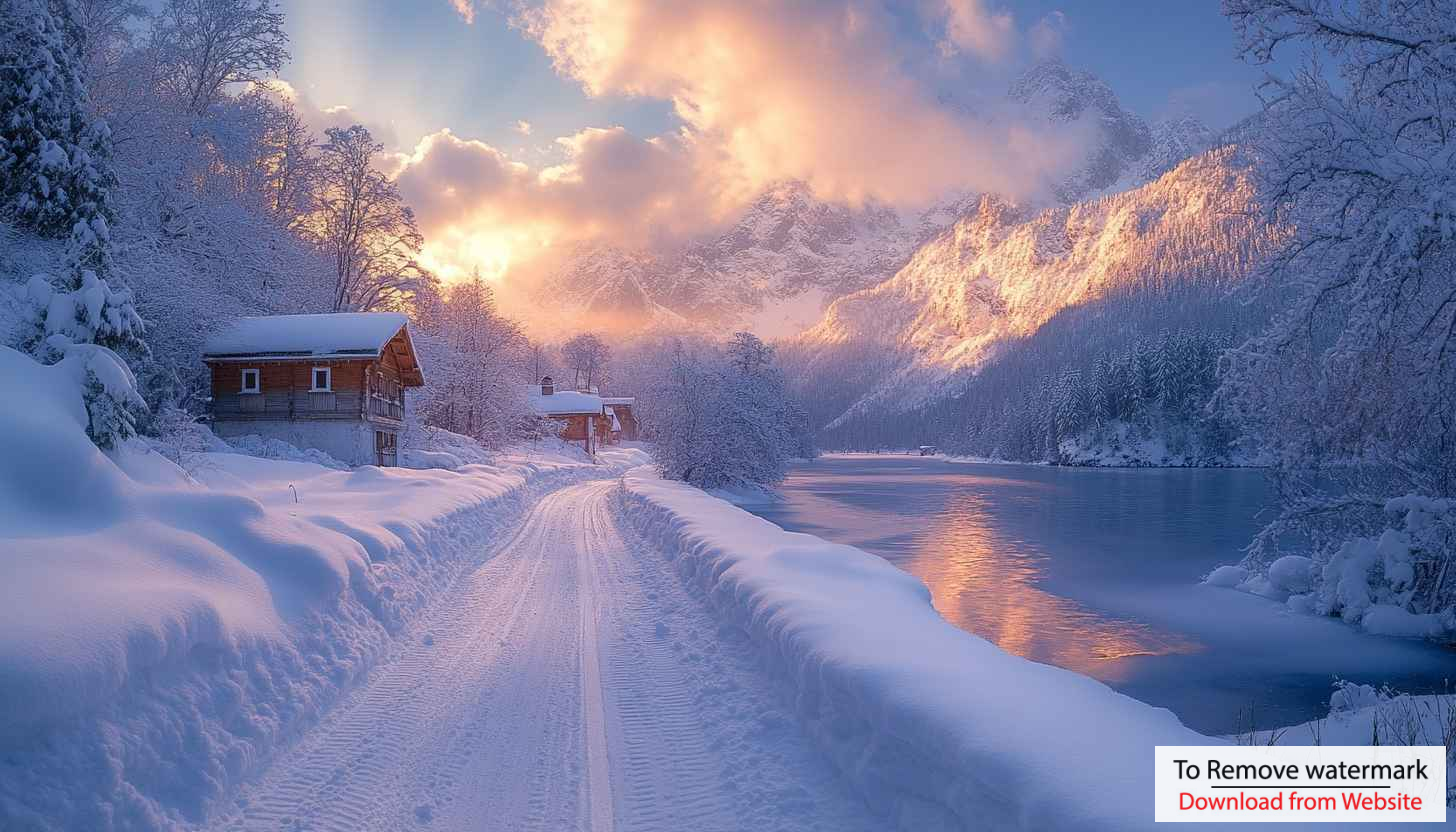 Winter Wallpaper: Snowy Landscape, Mountain Lake, Cabin - Scenic Beauty Winter Wallpaper: Snowy Landscape, Mountain Lake, Cabin - Scenic Beauty