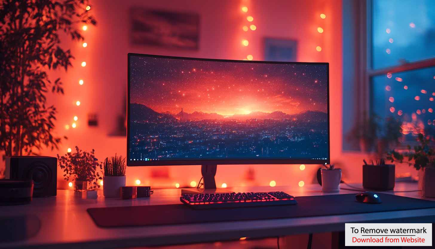 Gaming Setup Wallpaper: Red Aesthetic, Cityscape, Starry Sky Screen