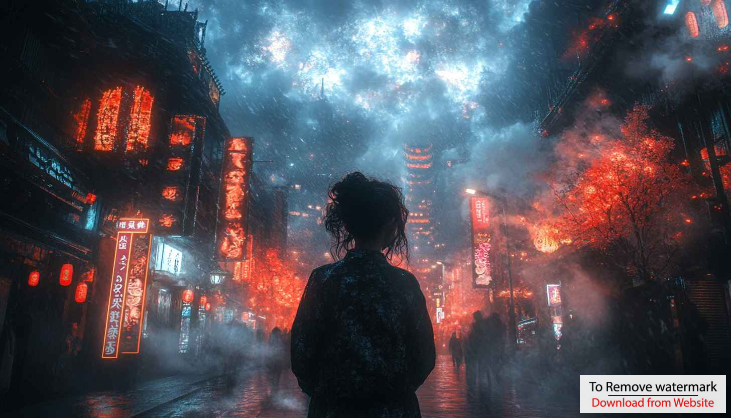 Cyberpunk City Wallpaper, Futuristic Asian Street Scene, Woman Silhouette Cyberpunk City Wallpaper, Futuristic Asian Street Scene, Woman Silhouette