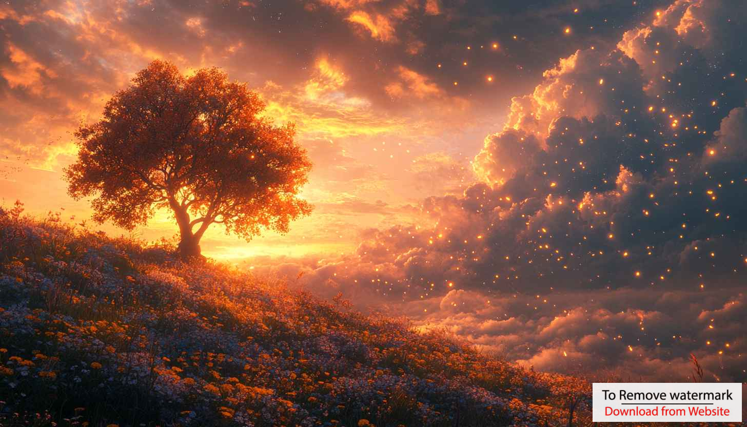Fantasy Landscape Wallpaper: Tree, Sunset Sky, Clouds Scenery Wallpaper Fantasy Landscape Wallpaper: Tree, Sunset Sky, Clouds Scenery Wallpaper