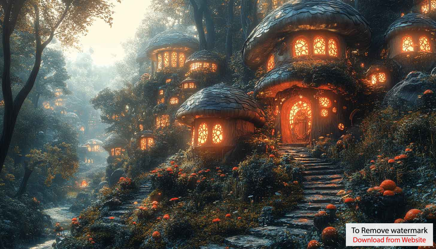 Mushroom House Wallpaper: Fantasy Forest, Enchanted Village, Nature Scene Mushroom House Wallpaper: Fantasy Forest, Enchanted Village, Nature Scene