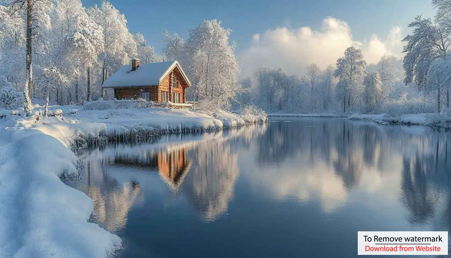 Winter Cabin Wallpaper: Snowy Lake Reflection for Desktop Background Winter Cabin Wallpaper: Snowy Lake Reflection for Desktop Background